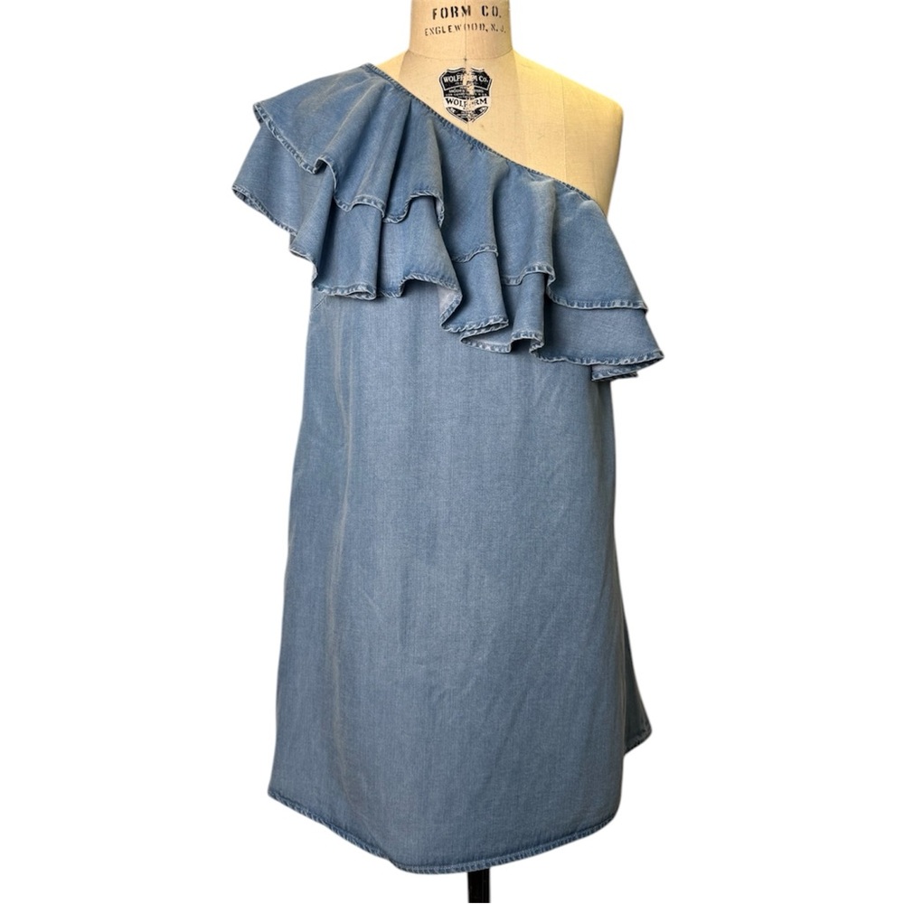 Zara One-Shoulder Denim Mini Dress with Ruffle — Size SM